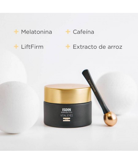 ISDIN Vital Eyes aplicado en el contorno ocular para suavizar arrugas y bolsas.