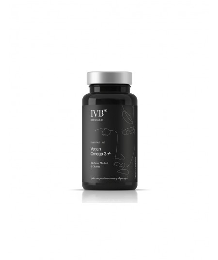 Complemento alimenticio IVB Vegan Omega 3+ para salud cardiovascular y cognitiva.